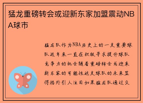 猛龙重磅转会或迎新东家加盟震动NBA球市 猛龙重磅转会或迎新东家加盟震动NBA球市